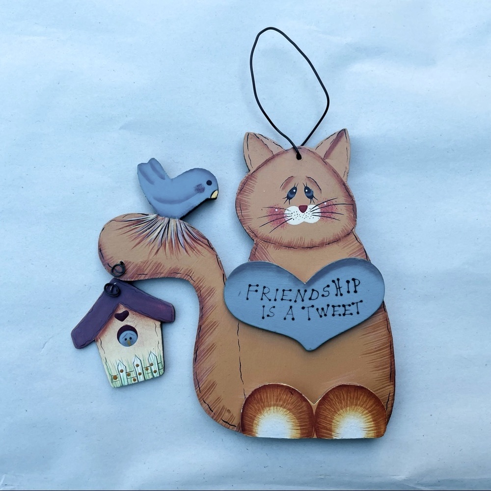 Wooden Plaque Cat with Blue Bird